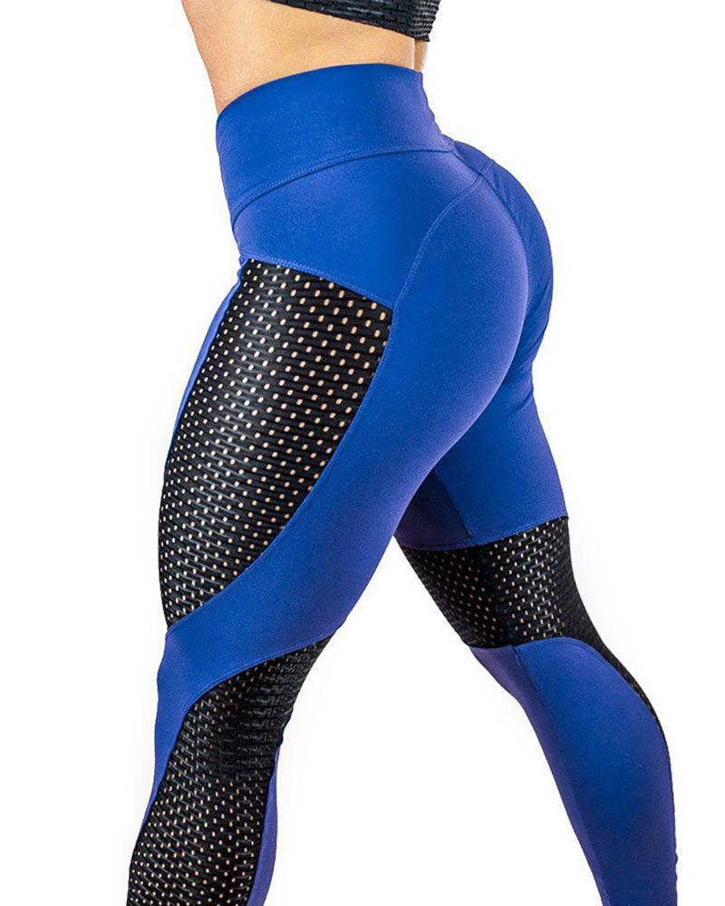 

Colorblock High Waist Elastic Sports Leggings, Blue