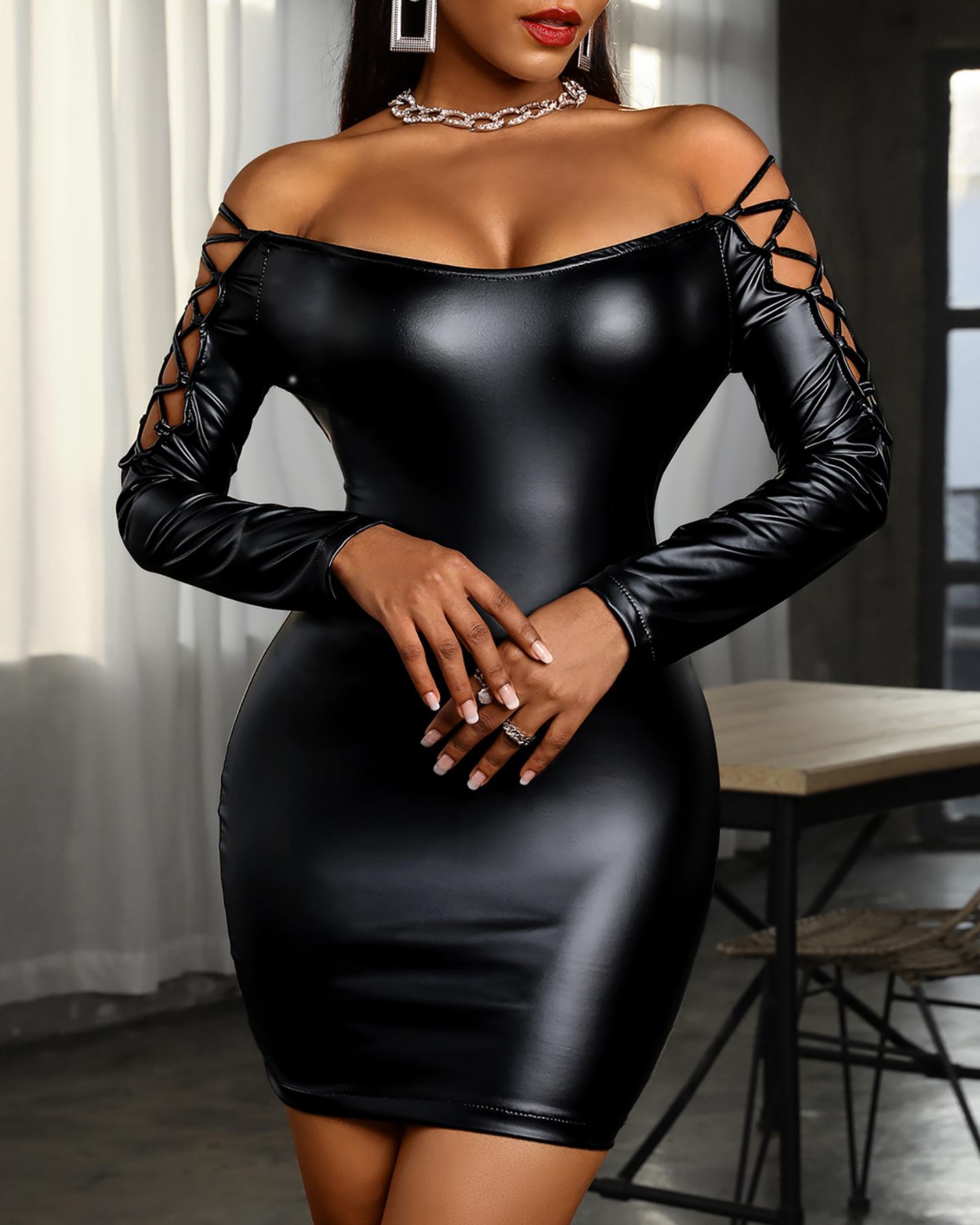 

Off Shoulder Lace-up PU Leather Bodycon Dress, Black