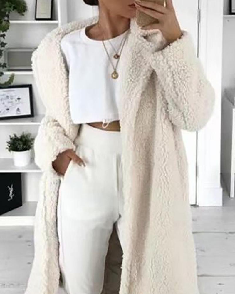 

Plain Button Design Long Sleeve Teddy Longline Coat, White