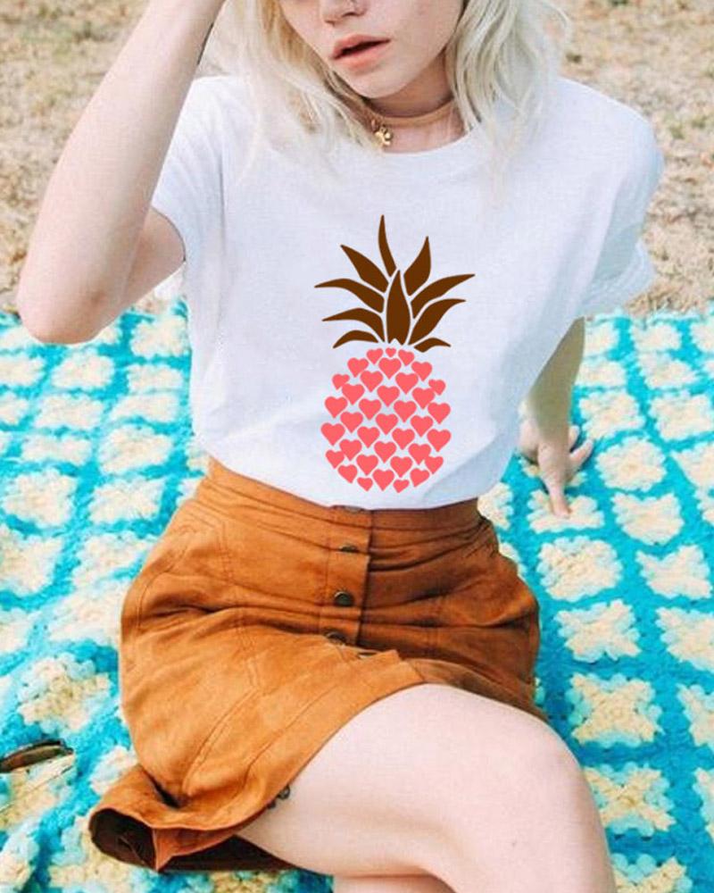 

Pineapple Print Casual White T-shirt