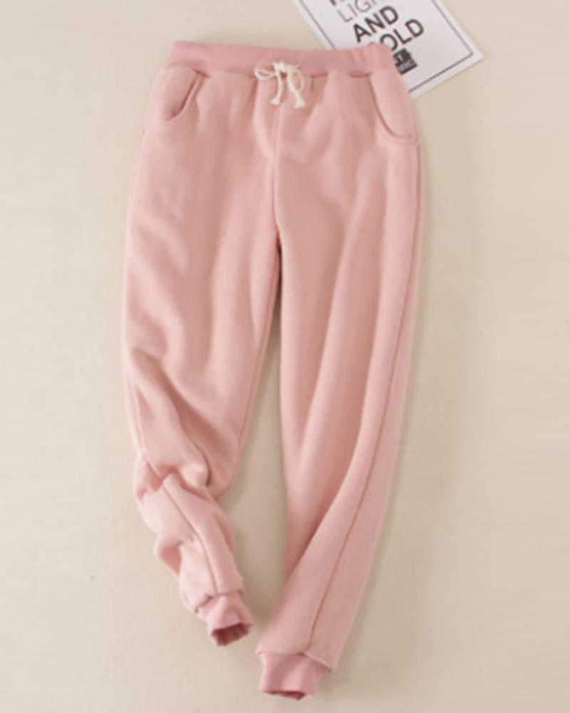 

Plain Drawstring Waist Super Thick Sweatpants, Pink
