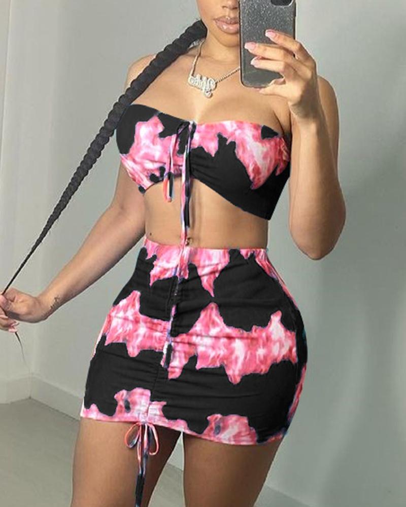 

Color Block Tie Dye Print Off Shoulder Cropped Top With Short Skirt Skirt Sets, Black