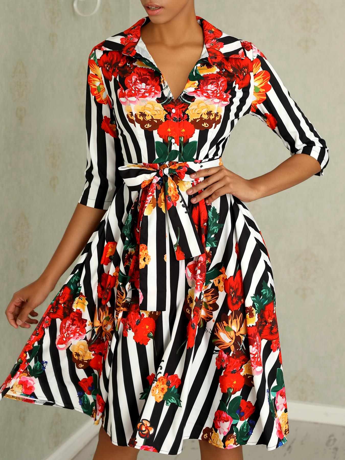 

Floral & Striped Print Half Sleeve Women Shirt Dress, Multicolor