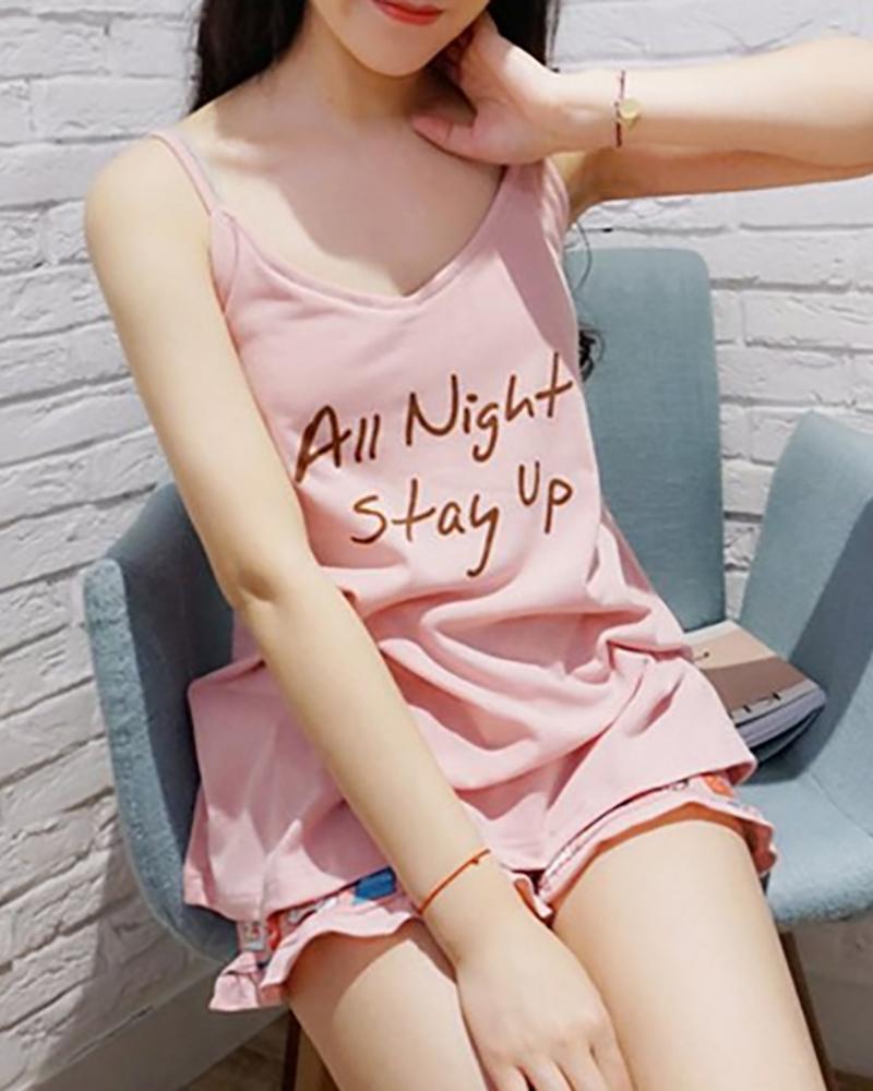 

Letter Print V-neck Cami Sets, Pink