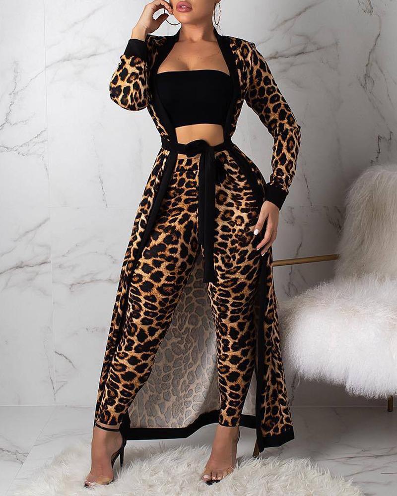 

Bandeau Crop Top & Cheetah Print Longline Coat & High Waist Pants Set, Leopard