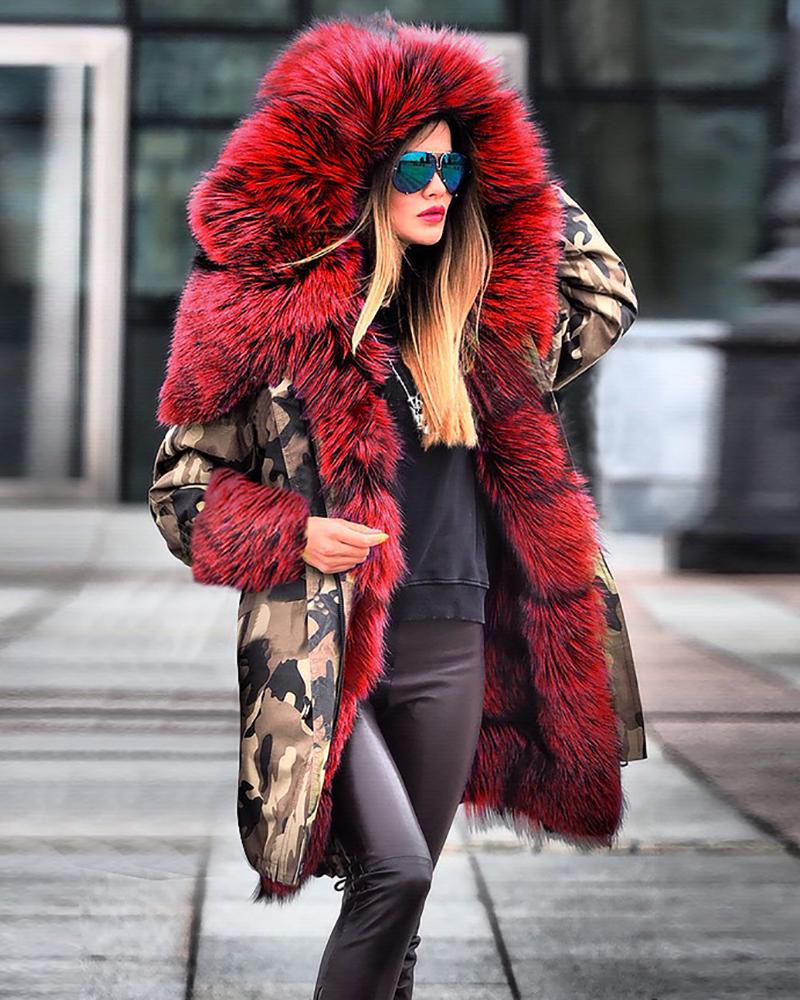 

Camouflage Print Faux Fur Hooded Coat, Red