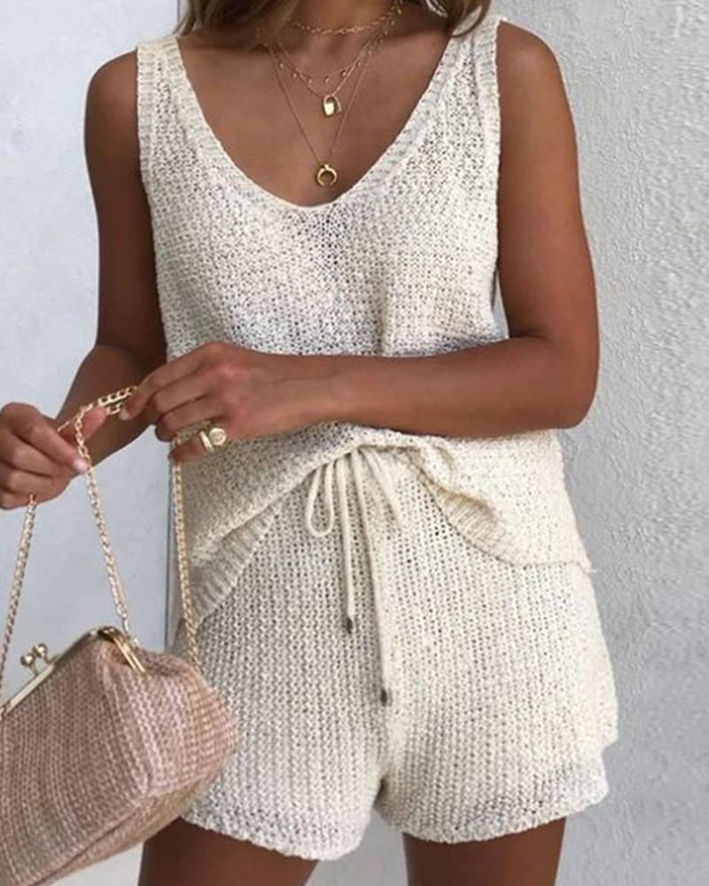 

Thick Strap Knit Top & Drawstring Shorts Set, White