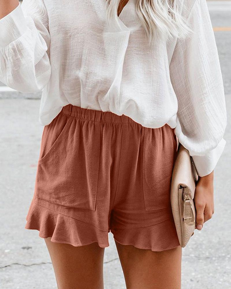 

Solid Ruffle Hem Shorts, Khaki
