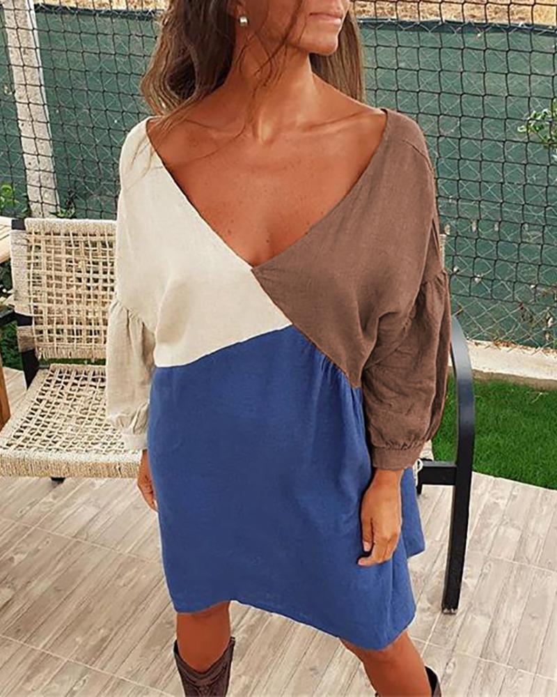 

V Neck Colorblock Insert Batwing Sleeve Dress, Coffee