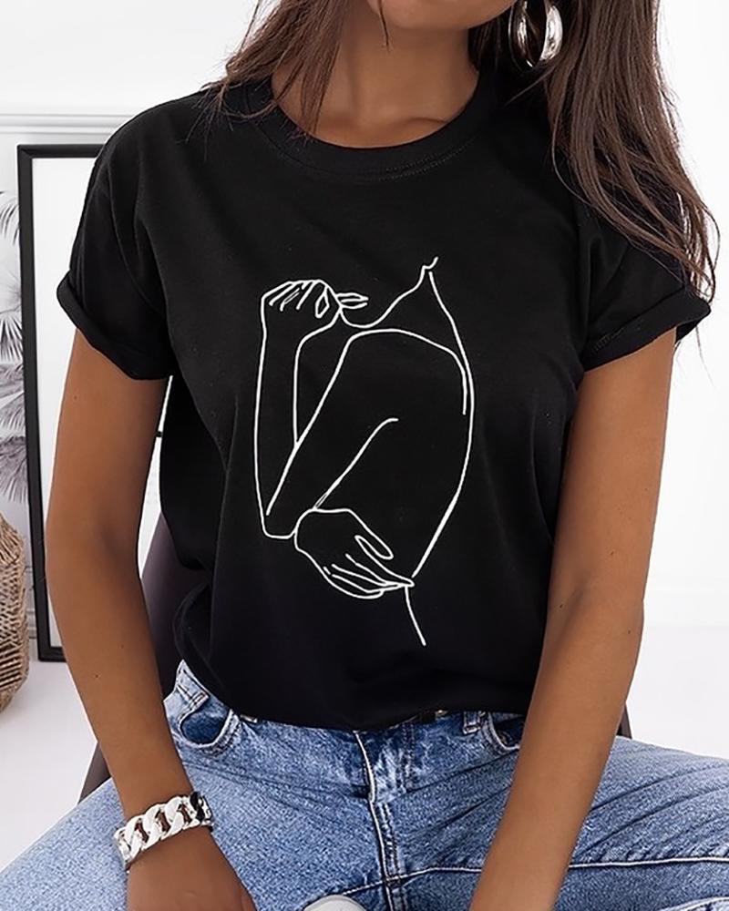 

Figure Print Short Sleeve Casual T-Shirt, Black