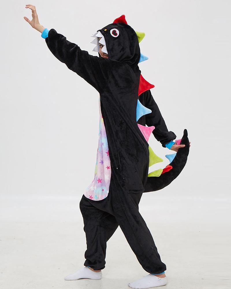 

Star Tie Dye Print Button Front Hooded Dinosaur Onesie, Black