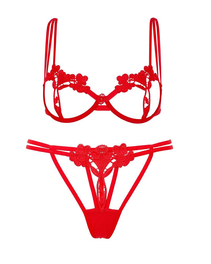 

Plain Floral Lace Cutout Lingerie Set, Red