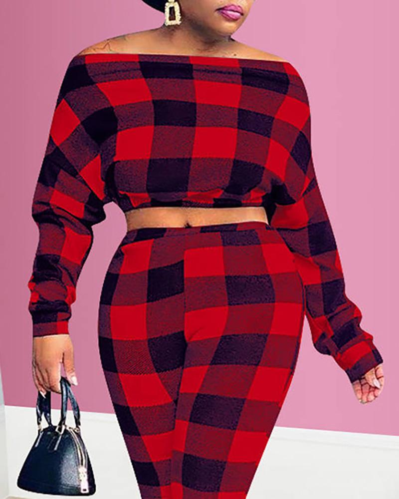 

Plaid Print Top & Pants Set, Red