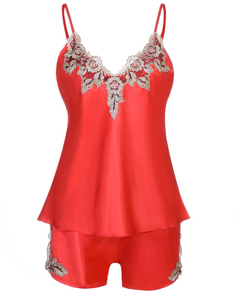 

Embroidery Floral Lace Trim Satin Cami Set, Red