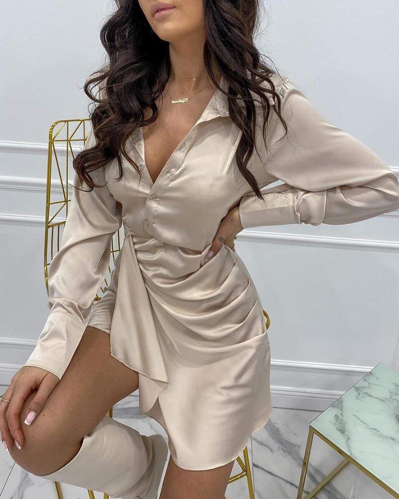 

V-Neck Long Sleeve Shirt Dress, Apricot
