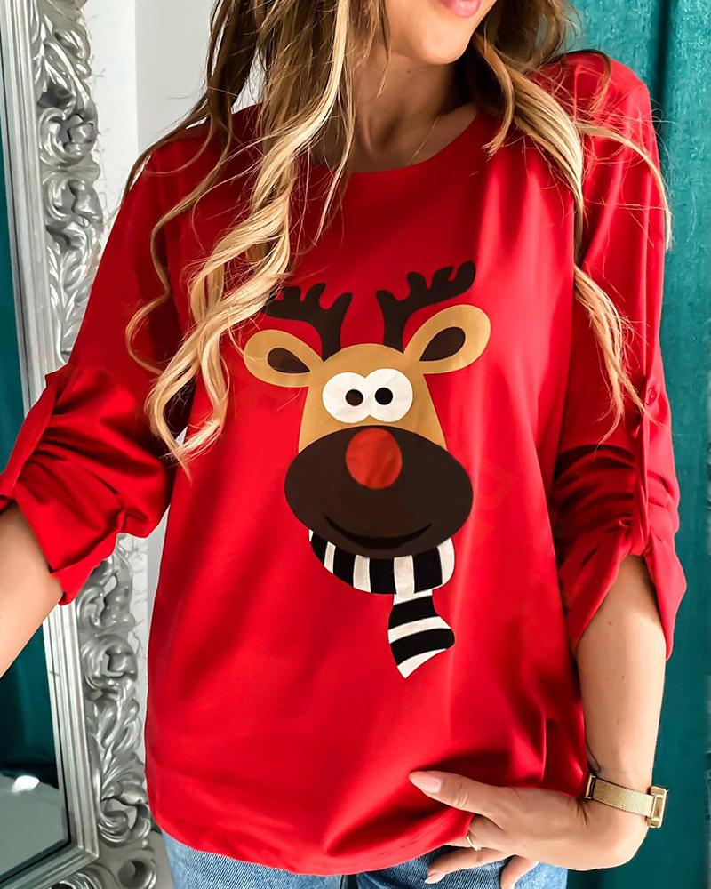 

Christmas Moose Print Casual T-shirt, Red