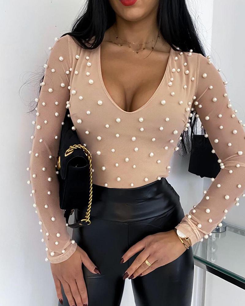

Beaded Plunge Long Sleeve Top, Brown