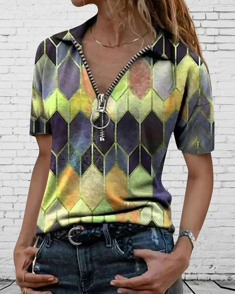 

Zipper Design Abstract Print Short Sleeve Top, Yellow