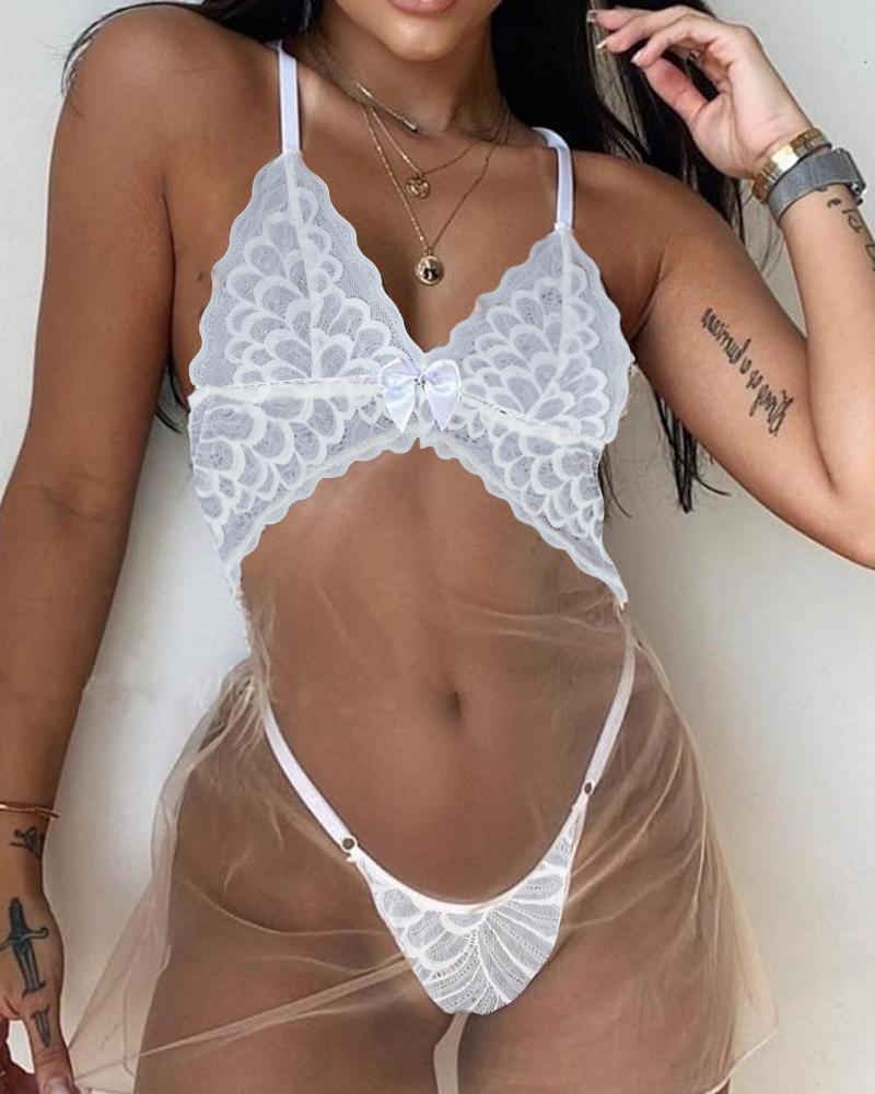 

Spaghetti Strap Sheer Mesh Crochet Lace Babydoll, White