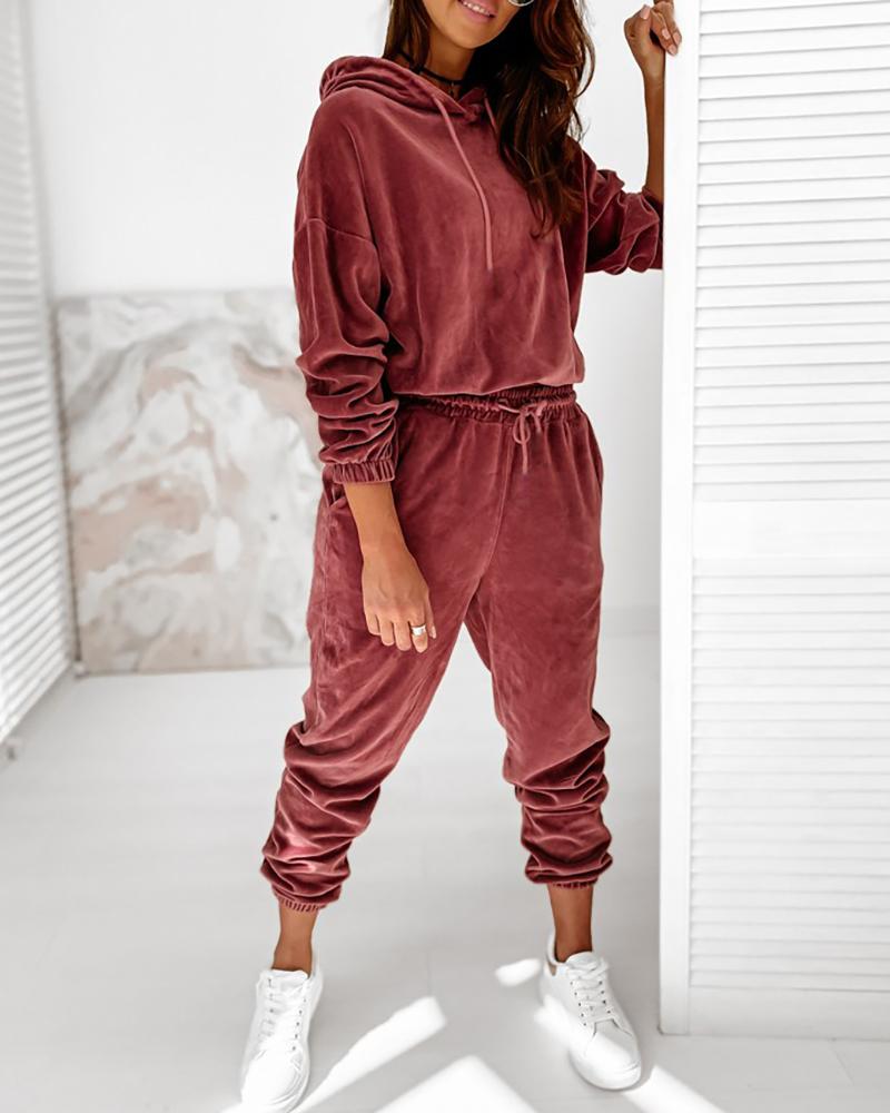 

Plain Long Sleeve Hooded Women Top & Drawstring Pants Set, Red