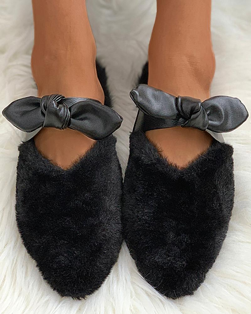 

Pointed Toe Bowknot Fluffy Slippers, Black