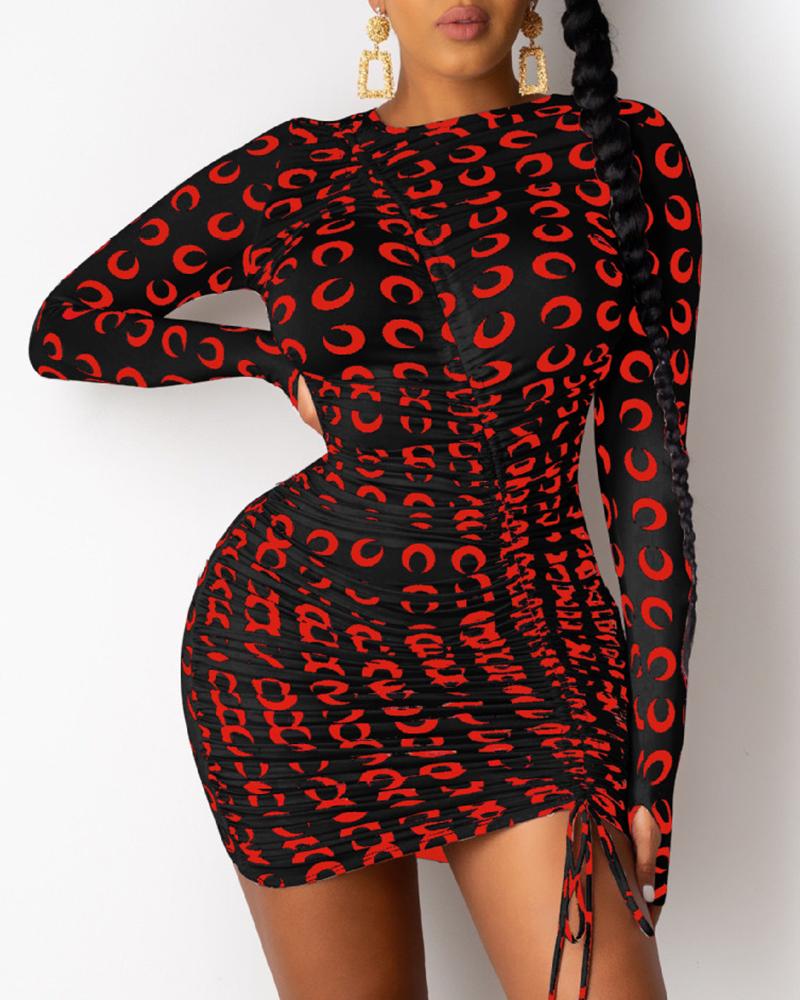 

All Over Print Drawstring Bodycon Dress, Red