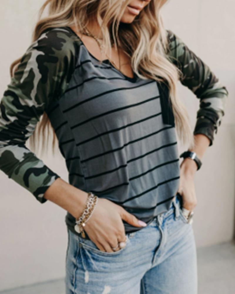 

Striped Camouflage Print Long Sleeve Top, Gray