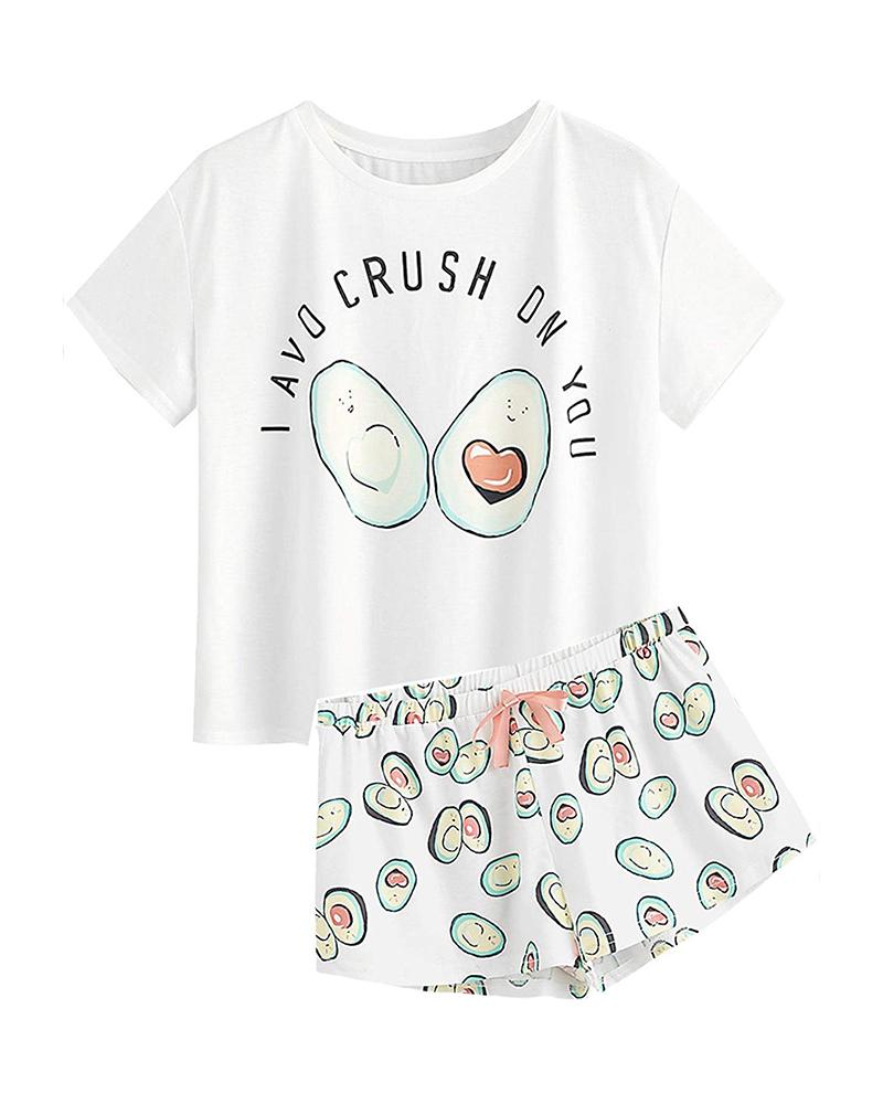 

Avocado Print Short Sleeve Pajamas Set, White
