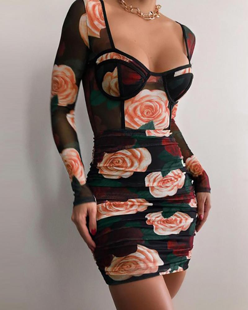 

Floral Print Long Sleeve Ruched Bodycon Dress, Black