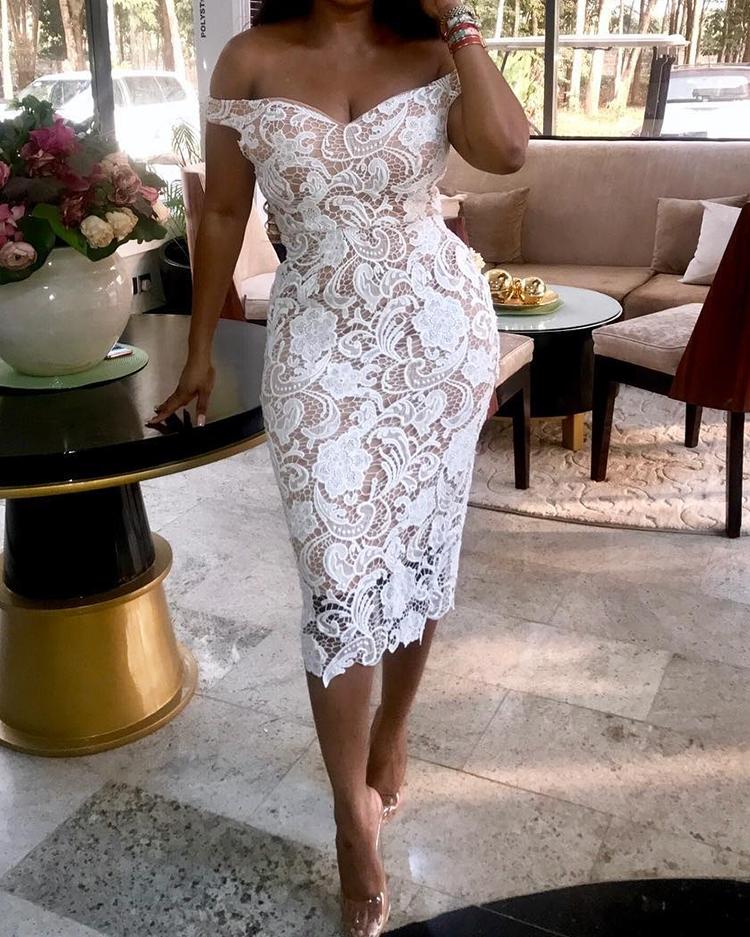 

Off Shoulder Lace Cocktail Midi Dress, White