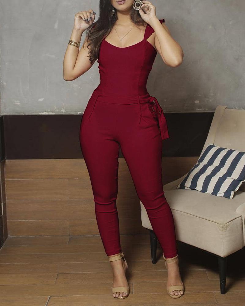 

Ruffles Pocket Design Casual Jumpsuit, Red