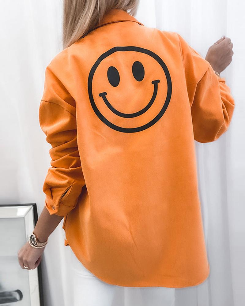 

Smile Face Print Long Sleeve Casual Shirt, Orange