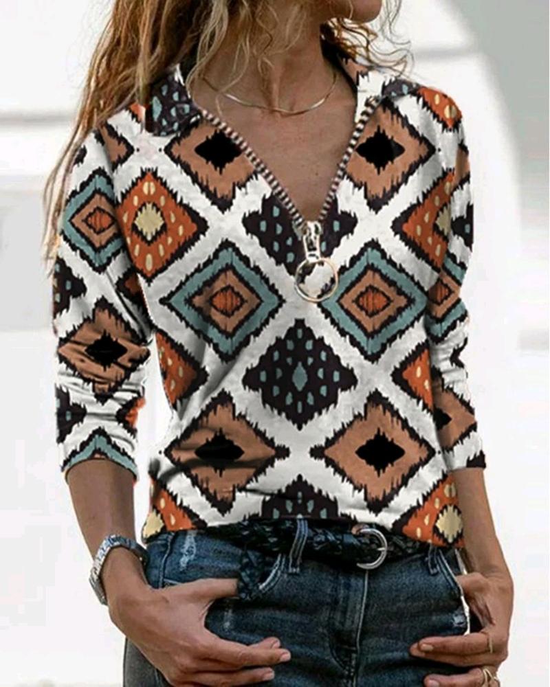 

Geometric Print Zipper Front Long Sleeve Top, White