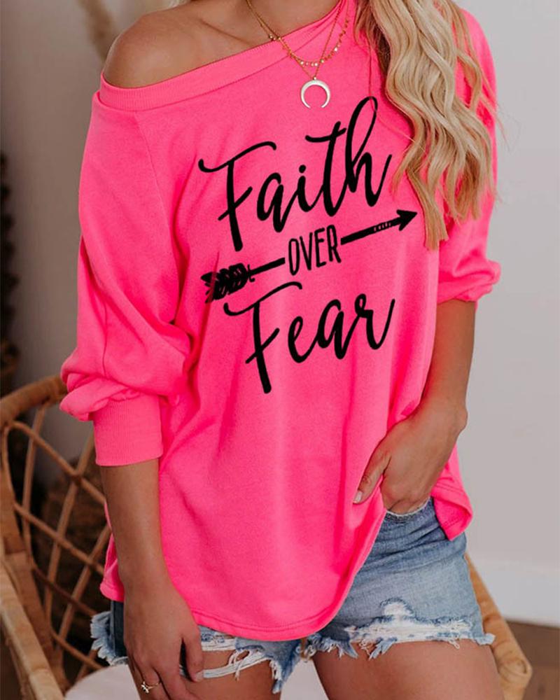 

Letter Print Long Sleeve Casual Sweatshirt, Hot pink