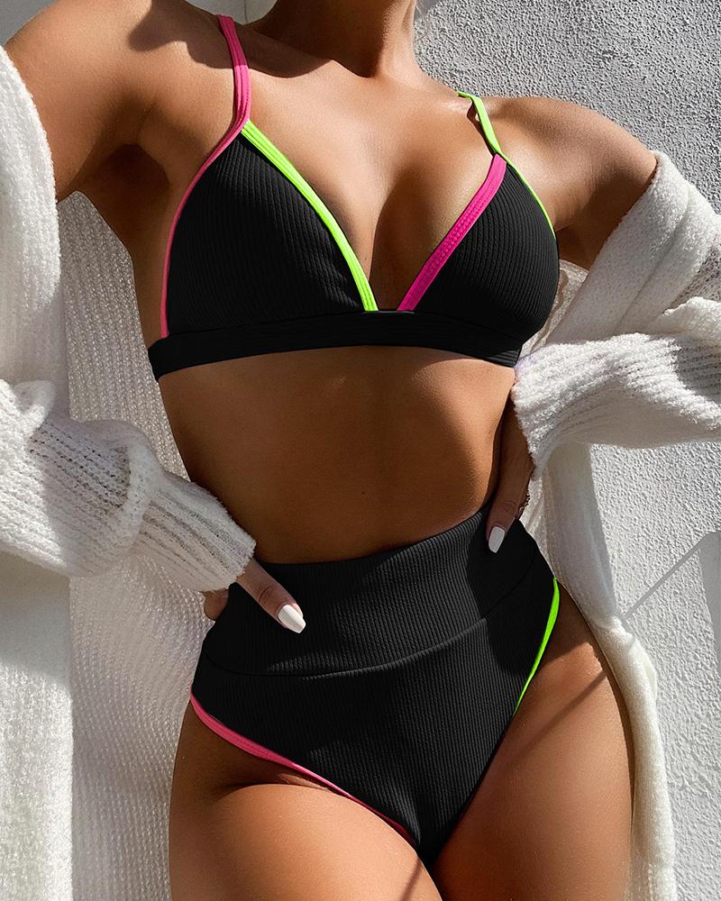 

Colorblock Strap Bra With Panties Bikini Sets, Black