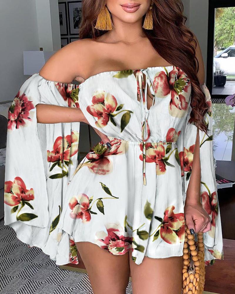 

Floral Print Off Shoulder Slit Sleeve Romper, White