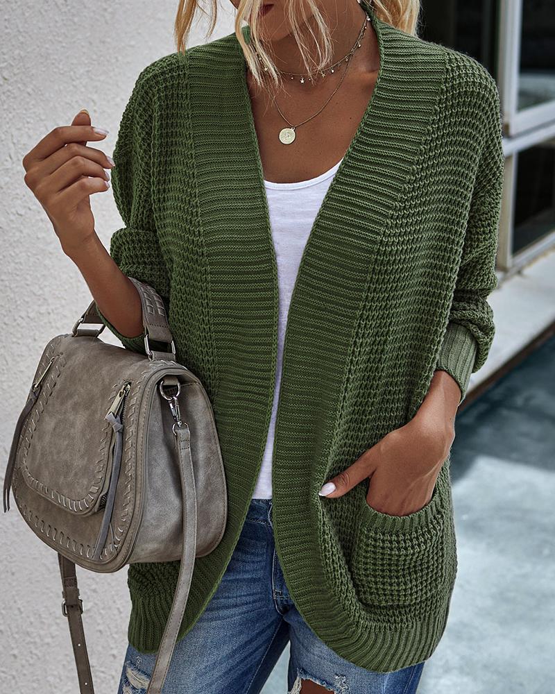 

Solid Pocket Design Long Sleeve Knit Cardigan, Green