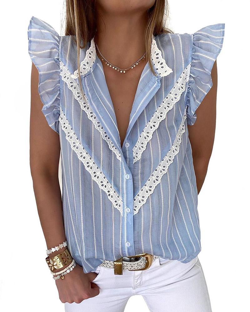 

Striped Eyelet Embroidery Flutter Sleeve Top, Blue