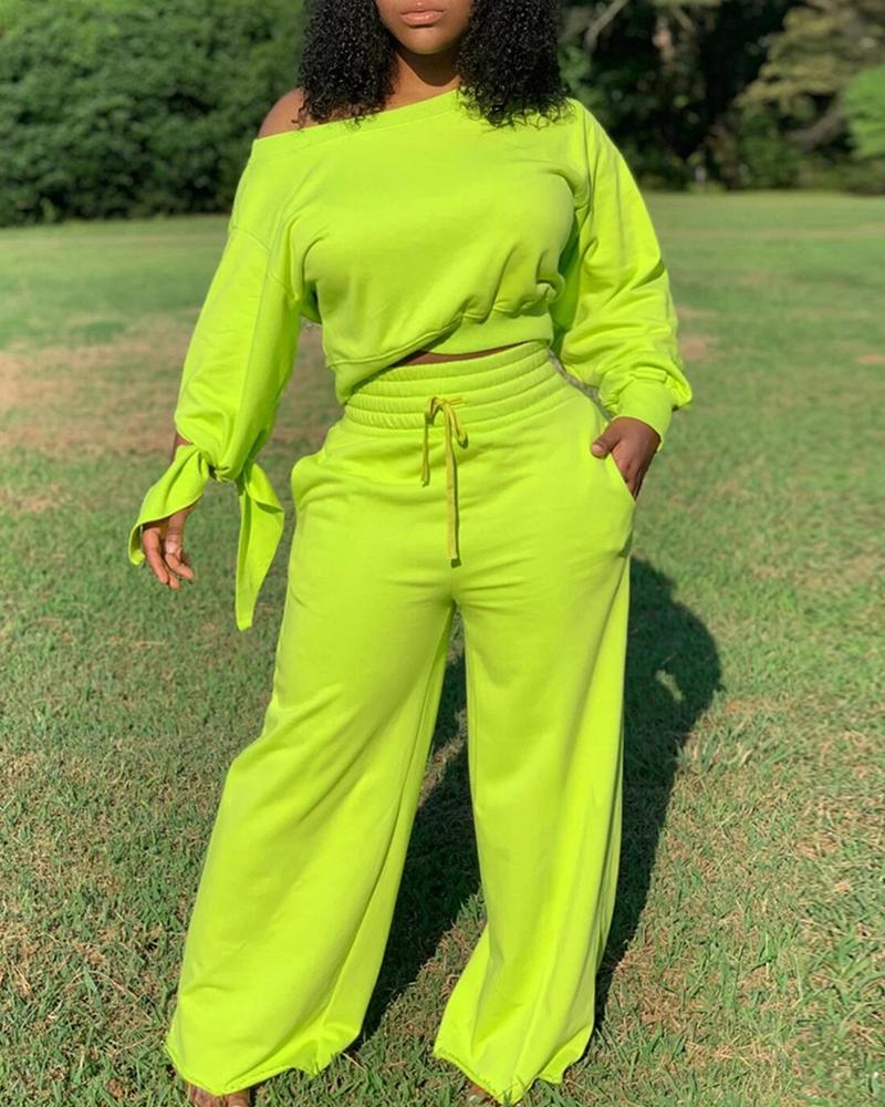 

Solid Tied Detail Top & Drawstring Pants Set, Green