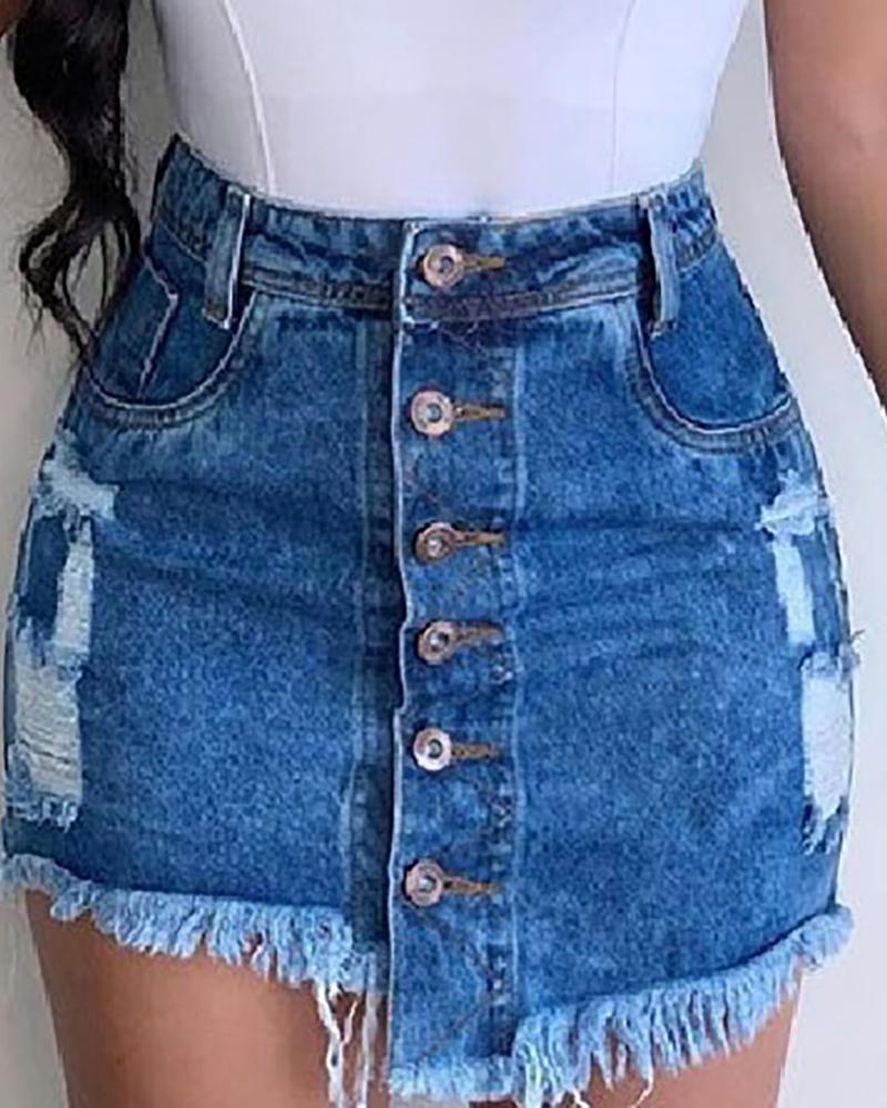 

Ripped Fringe Hem Buttoned Irregular Denim Skirt, Dark blue