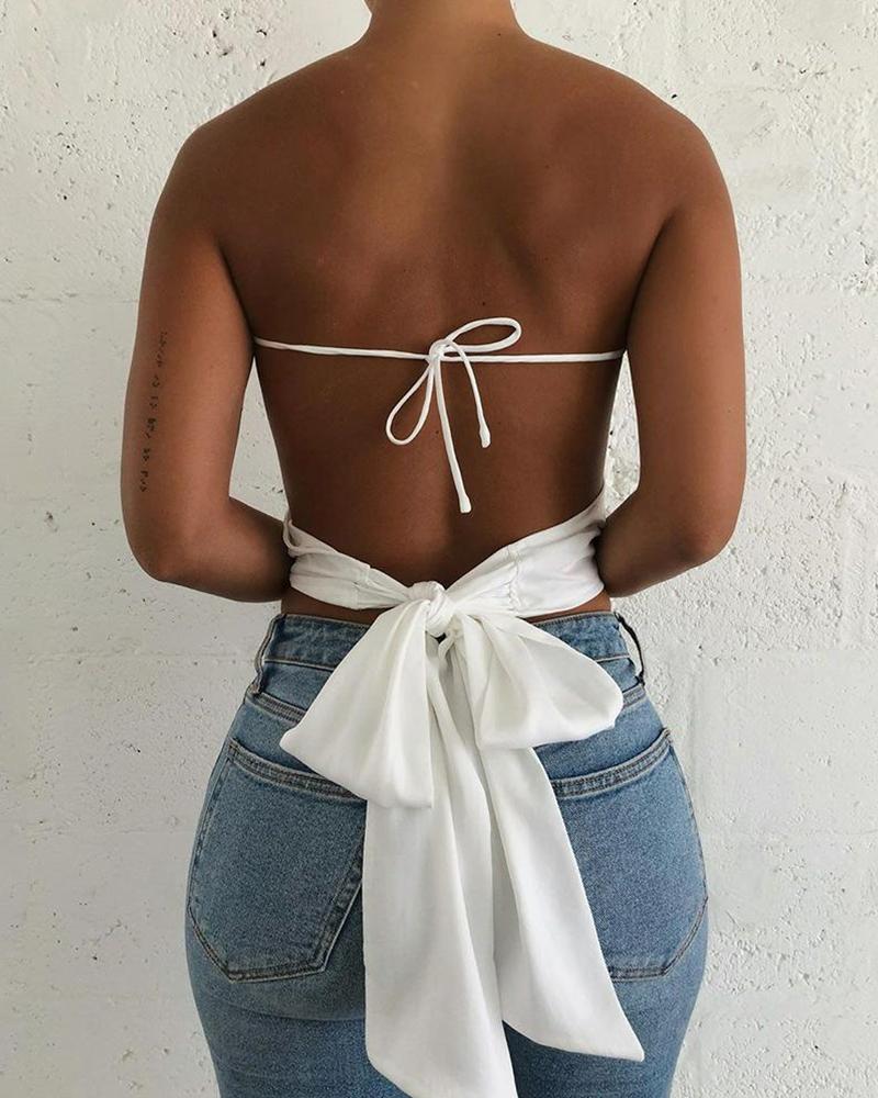 

Solid Color Backless Bowknot Sleeveless Top, White