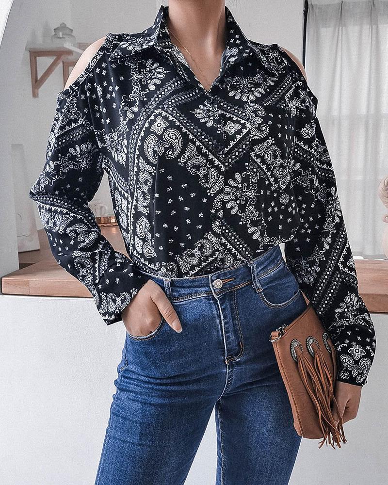 

Paisley Print Cold Shoulder Casual Shirt, Black