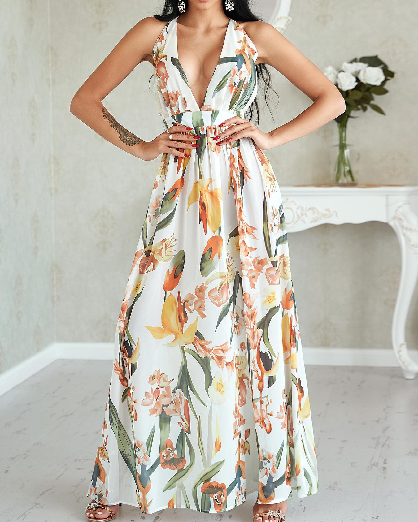 v neck backless maxi dress