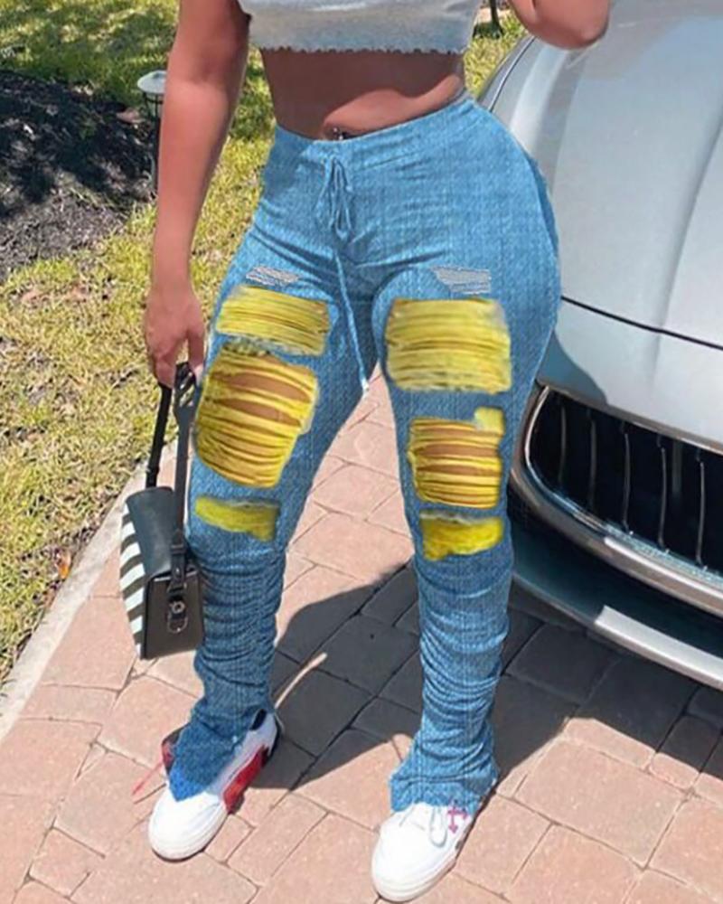

Distressed Cutout Colorblock Casual Denim Pants, Blue