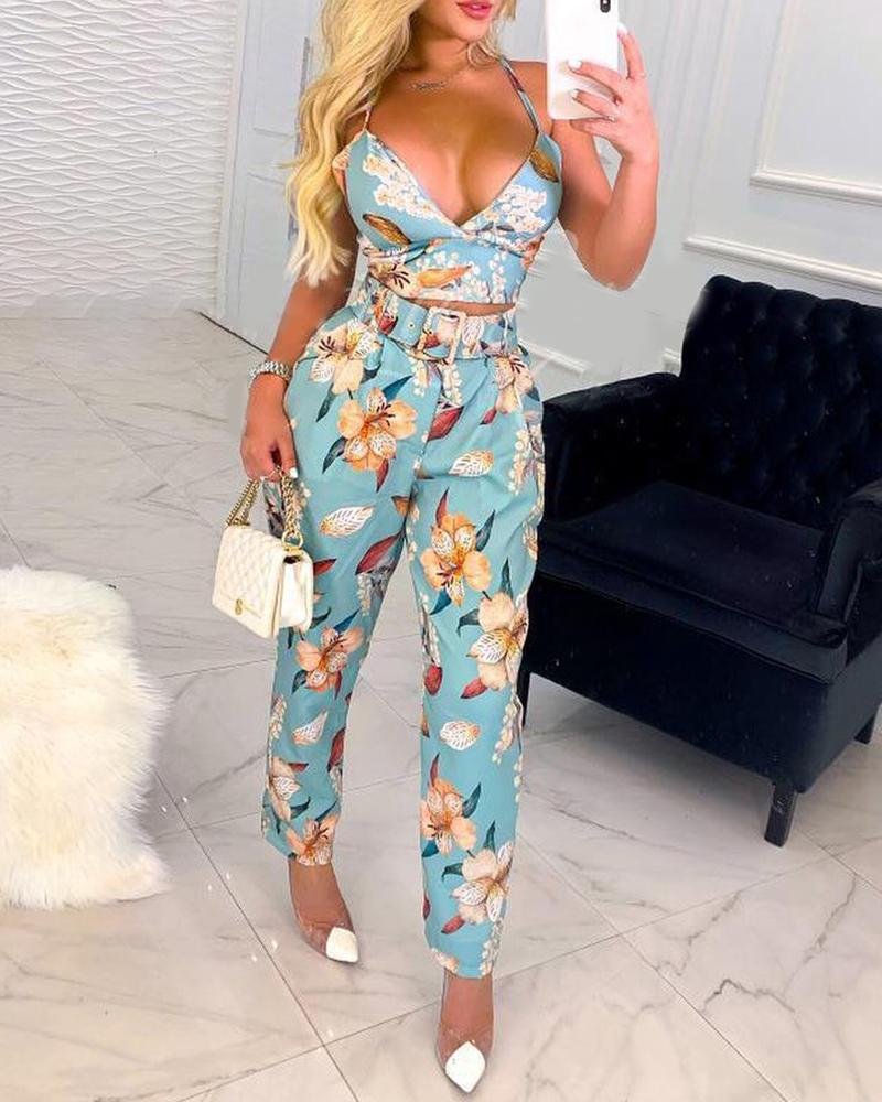 

Halter Floral Print Crop Top & Pants Set With Belt, Blue