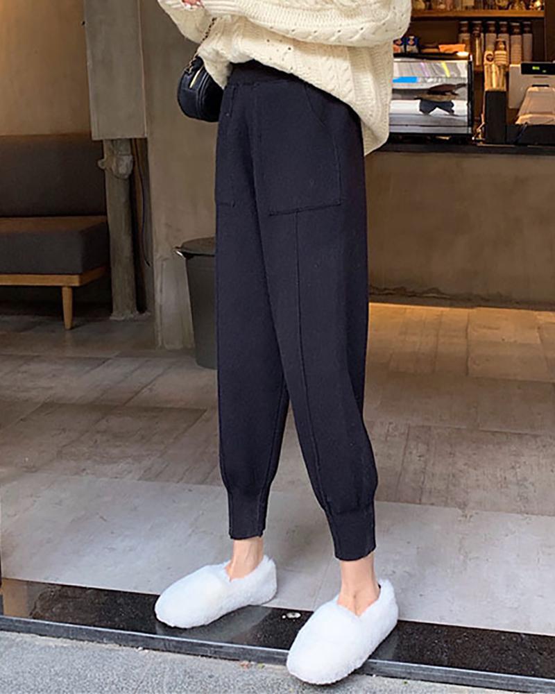 

Plain High Waist Casual Pants, Black