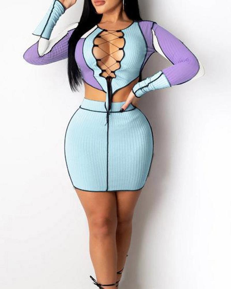 

Color Block Hollow-out Long Sleeve Slinny Skirt Sets, Blue