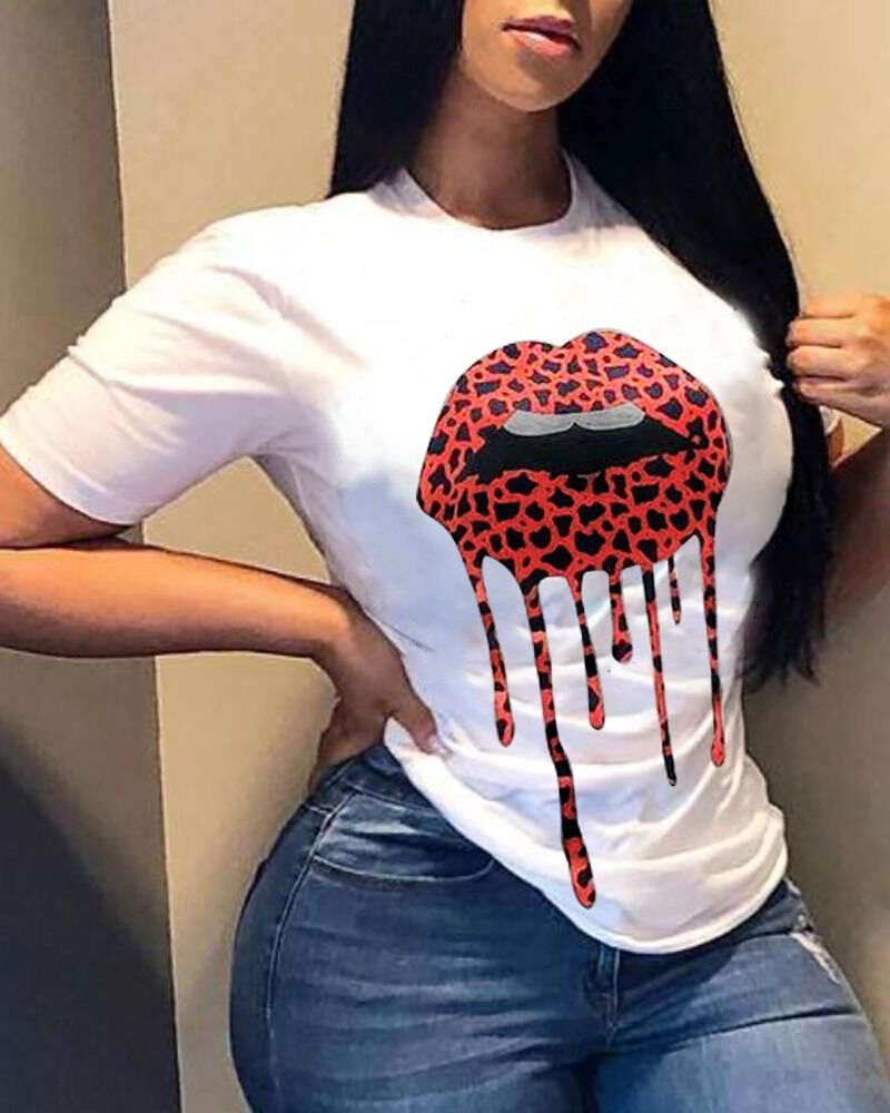 

Lip Cheetah Print Short Sleeve Casual T-shirt, White