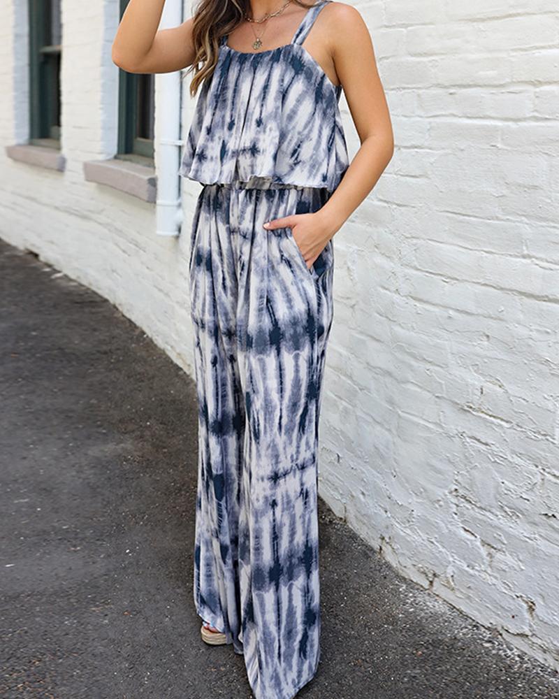 

Tie Dye Strap Tanks With Wide Leg Pants Suit Sets, Gray