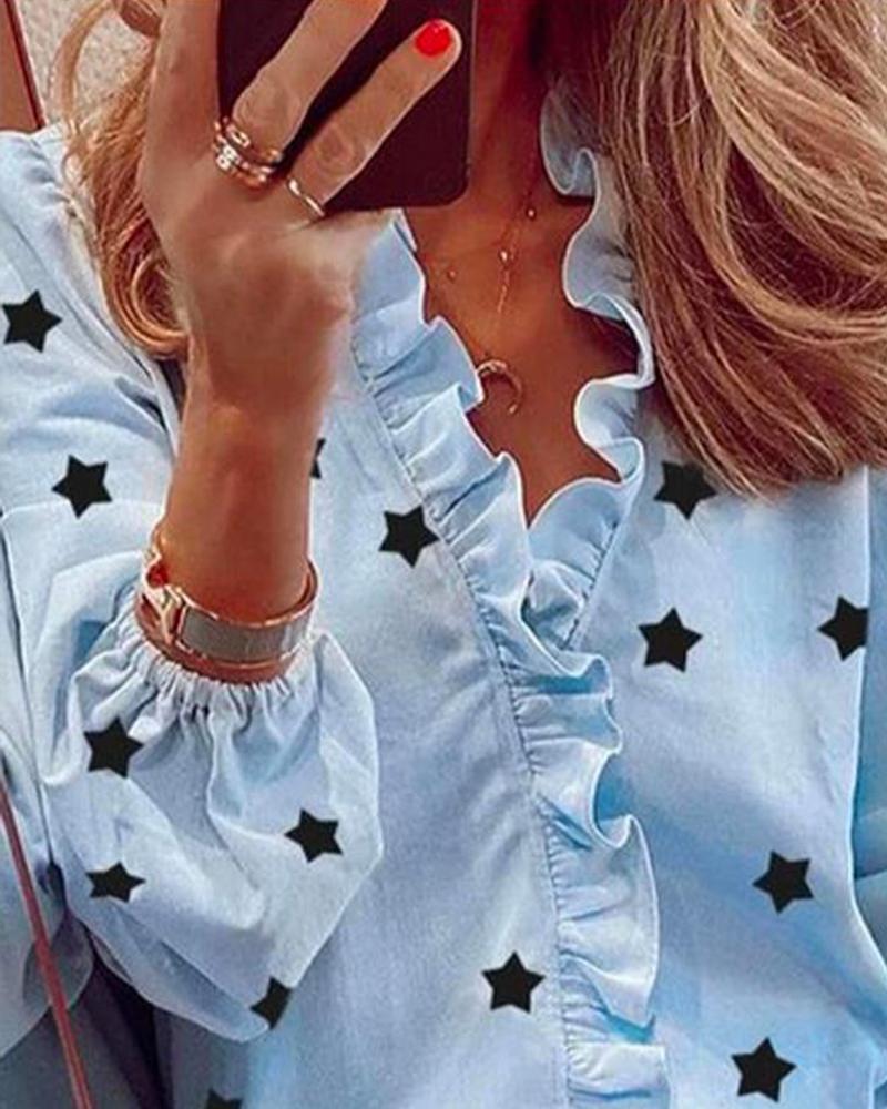 

Multi-stars Long Sleeve Ruffles Blouse, Blue